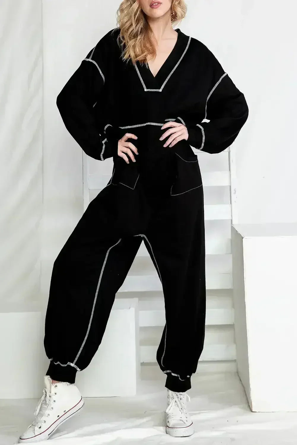 Black Exposed Seam Oversized Drop Waist Jumpsuit - Femstylo