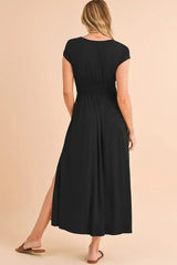 Black Deep V Neck Ruched High Waist Midi Dress - Femstylo
