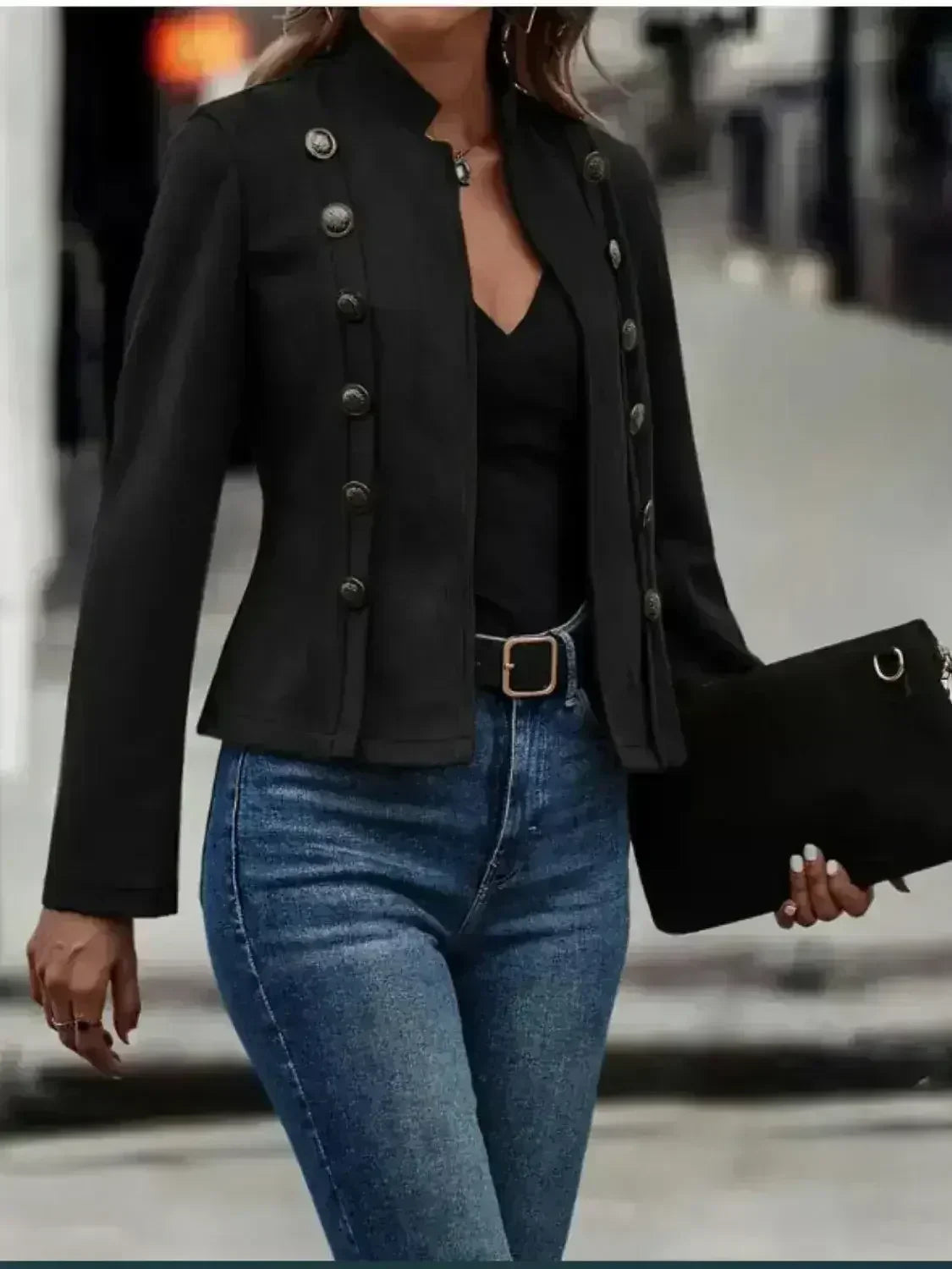 Decorative Button Open Front Long Sleeve Jacket - Femstylo