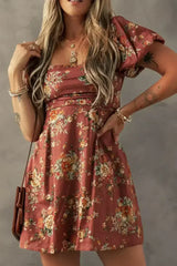 Red Floral Puff Sleeve Square Neck Knot Open Back Mini Dress - Femstylo