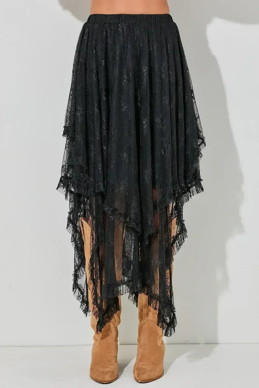 Beige Lace Cascading Tiered High Waist Maxi Skirt - Femstylo