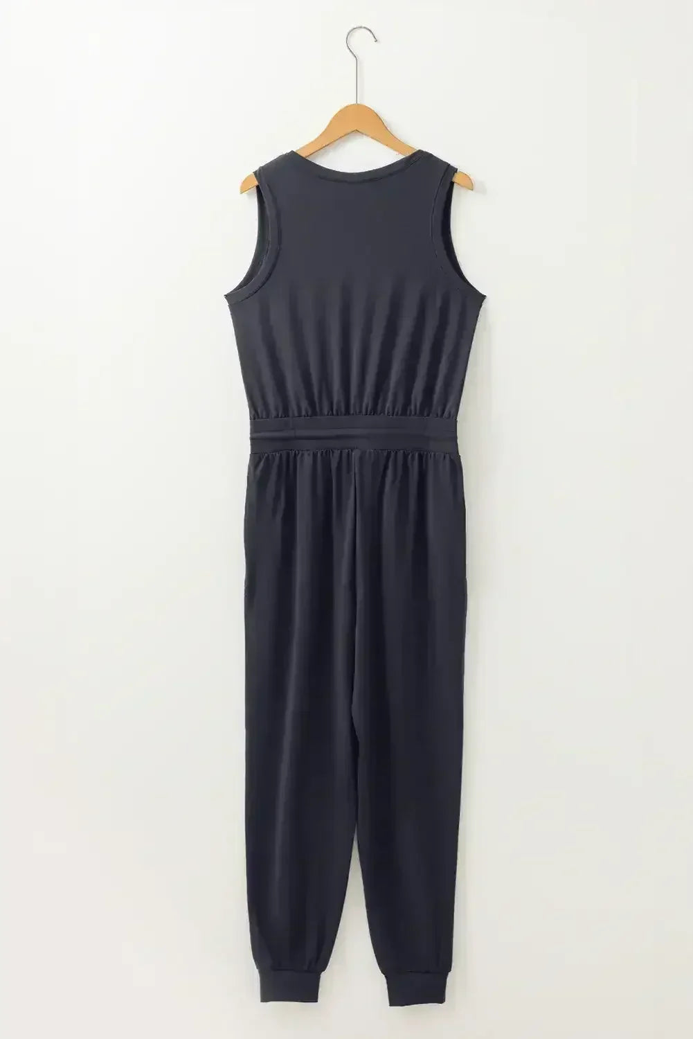 Black Casual Tank Style Tie Waist Pocketed Jogger Jumpsuit - Femstylo