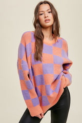 Grapefruit Orange Checkered Pattern Ribbed Trim Knit Baggy Sweater