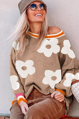 Smoke Gray Big Flower Pattern Contrast Striped Baggy Sweater