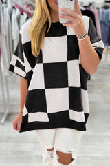 Black Checkered Pattern Loose Short Sleeve Sweater