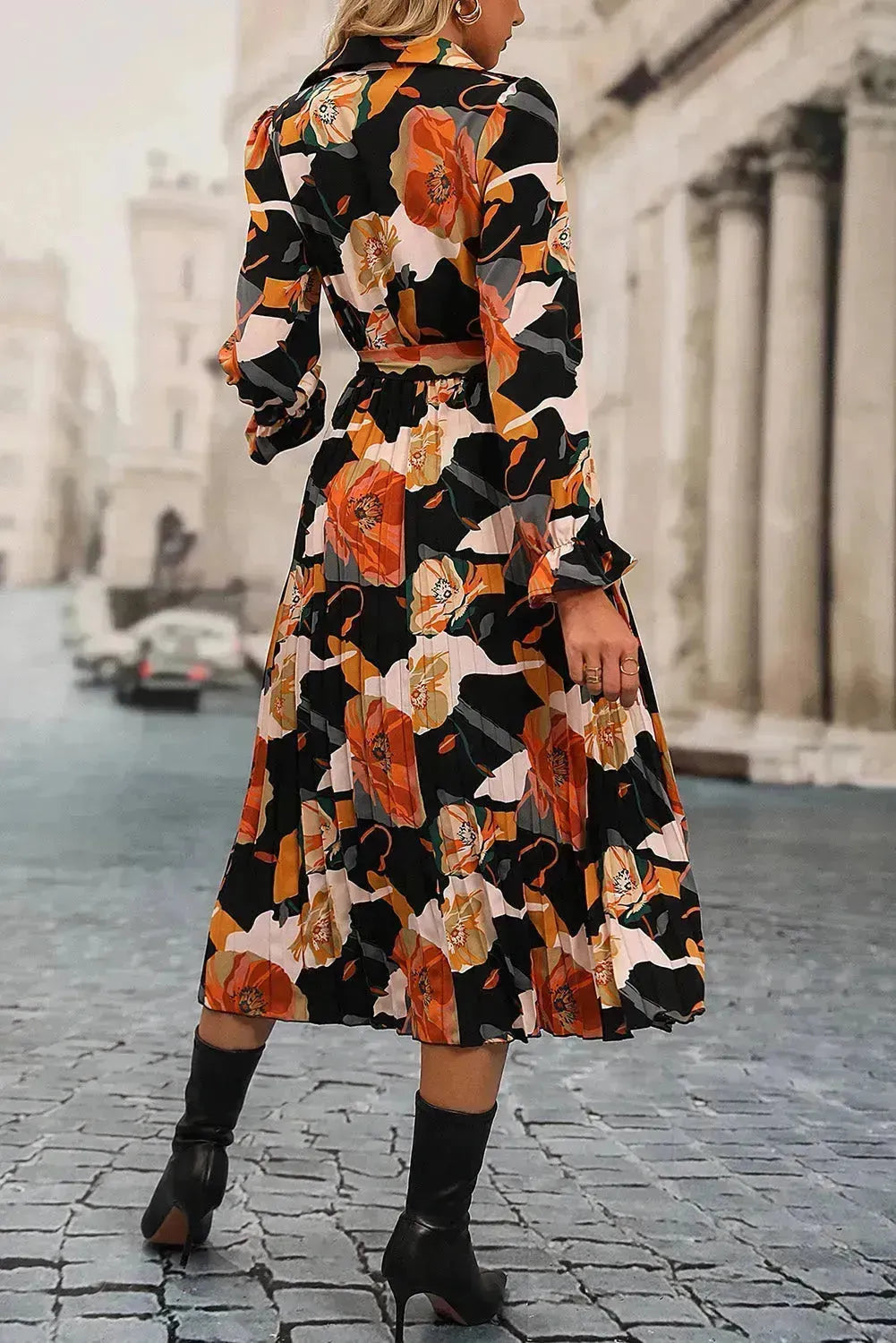Floral Pleated Shirt Dress - Waist Tie Midi Dress | Femstylo