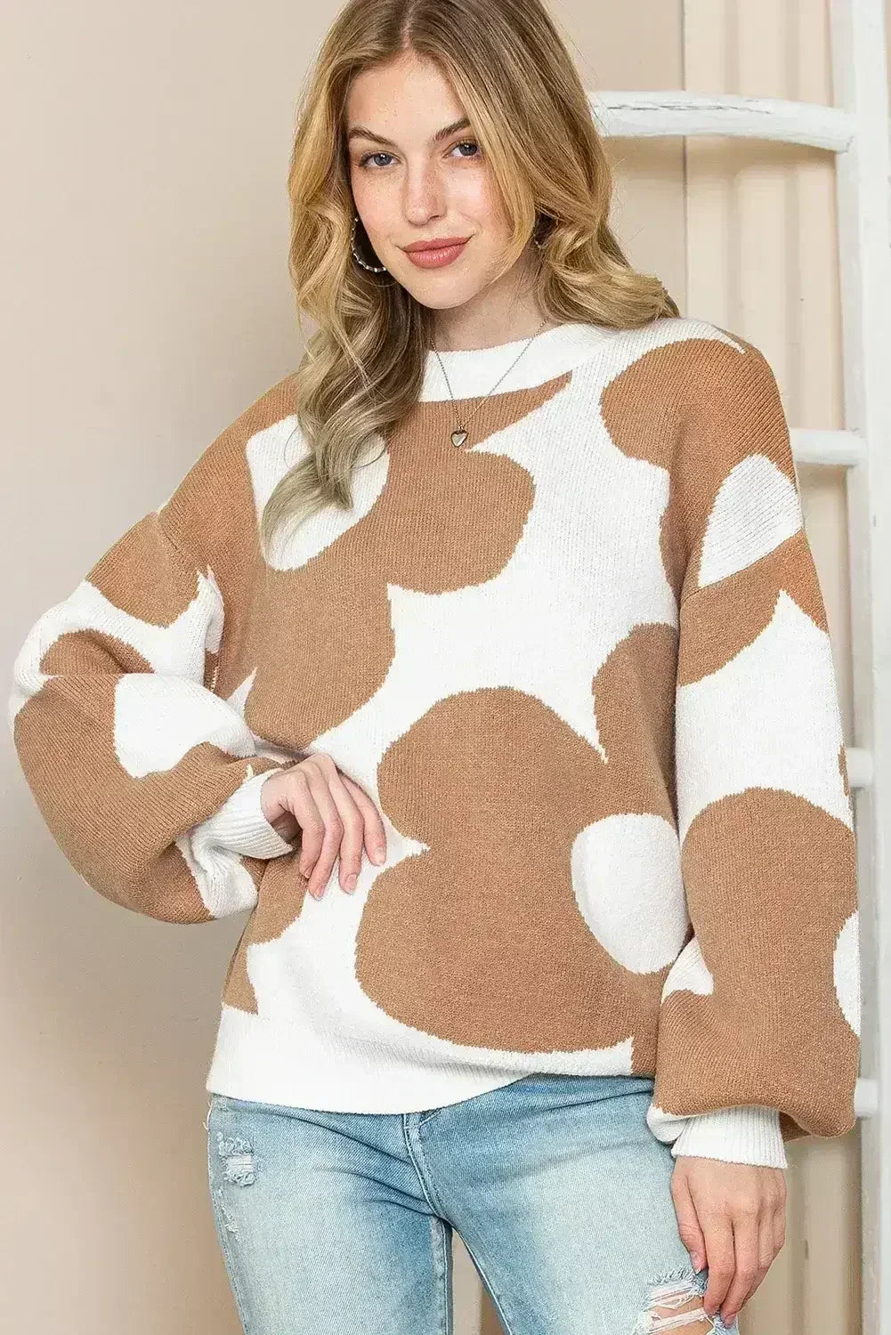 Khaki 60s Floral Pattern Ribbed Trim Pullover Sweater - Femstylo