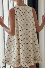 Ruffled Hem Bow Print Sleeveless Mini Dress - Femstylo