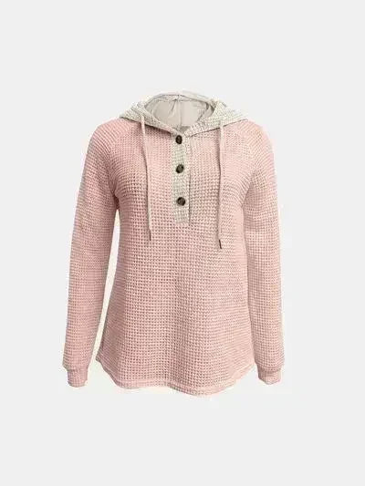 Full Size Waffle-Knit Contrast Long Sleeve Hoodie - Femstylo
