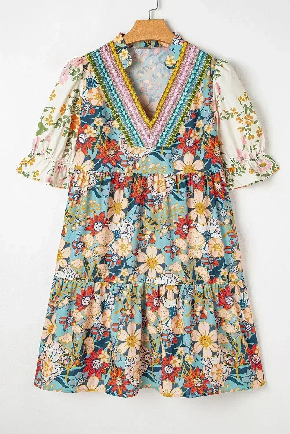 Multicolor Allover Floral Print Tiered Pop of Color Neckline Dress - Femstylo