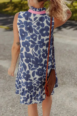 Blue Floral Sleeveless Notched V Neck Mini Dress - Femstylo
