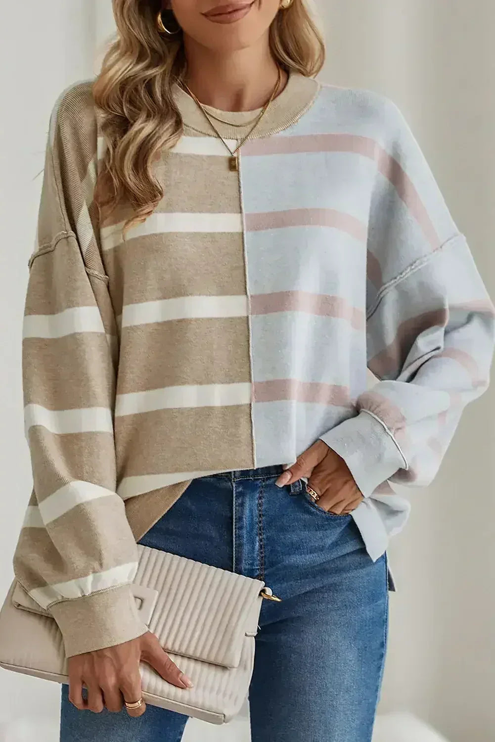 Pink Striped Patchwork Drop Shoulder Sweater - Femstylo