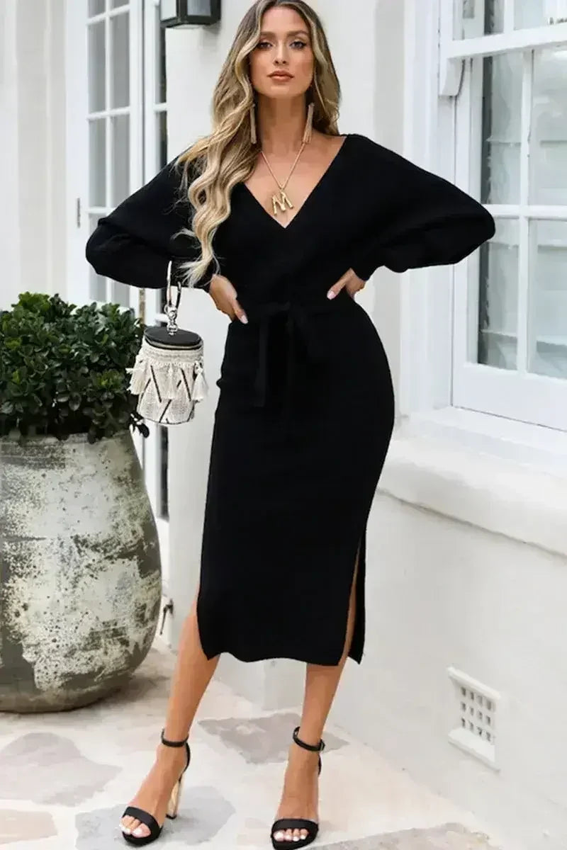 Surplice Neck Bow Waist Slit Sweater Dress - Femstylo