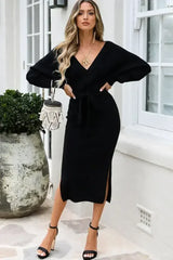 Surplice Neck Bow Waist Slit Sweater Dress - Femstylo