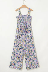 Purple Floral Square Neckline Stretch High Waist Jumpsuit - Femstylo