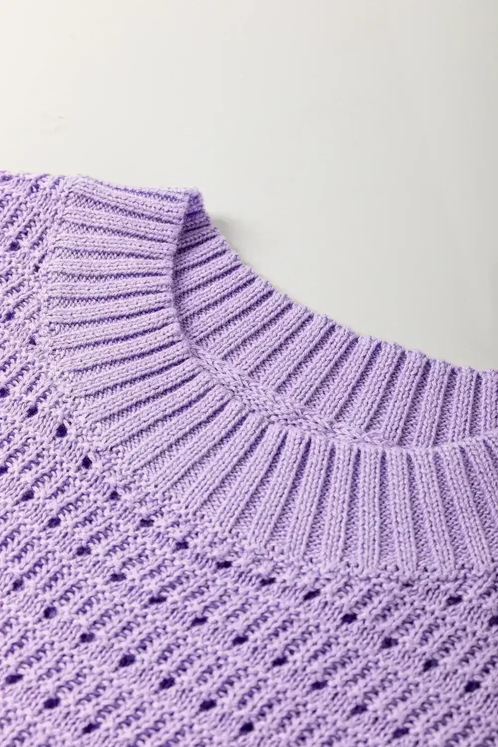 Lavendula Solid Color Ribbed Trim Pointelle Knit Top - Femstylo