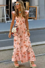 Pink Floral V Neck Smocked High Waist Ruffle Hem Maxi Dress - Femstylo