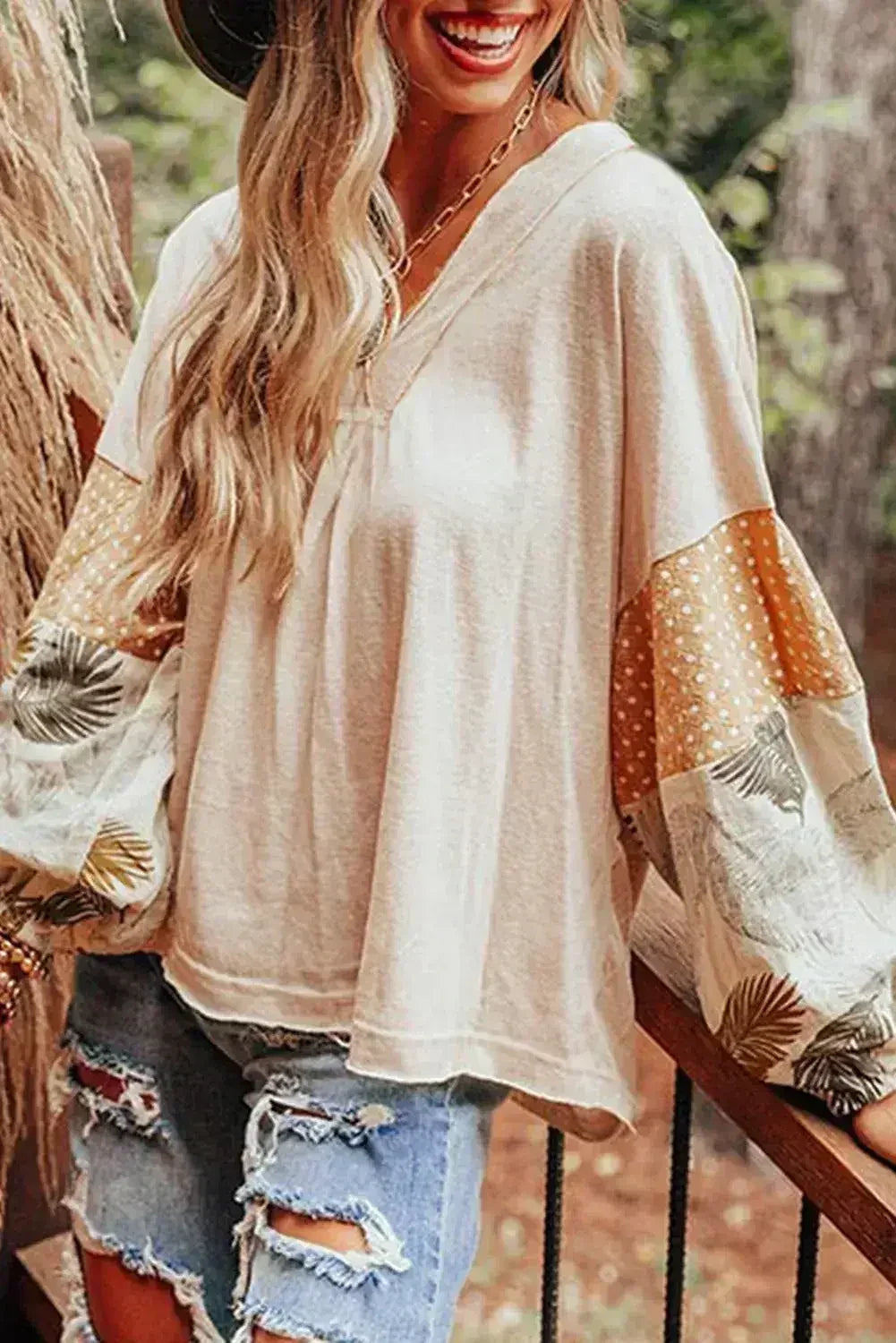 Puff Sleeve Patchwork Blouse - Tropical Print Top | Femstylo - Femstylo