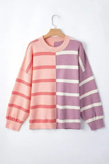 Pink Striped Patchwork Drop Shoulder Sweater - Femstylo
