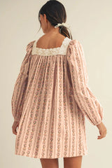 Khaki Velvet Bow Front Floral Print Long Sleeve Short Dress