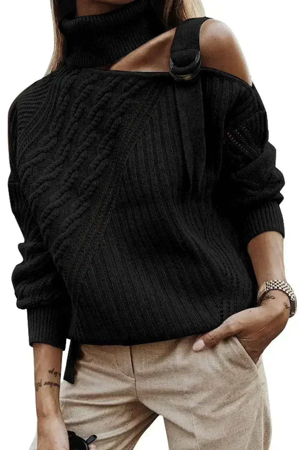 Winter Black Strapped Cut out Shoulder Turtleneck Sweater - Femstylo