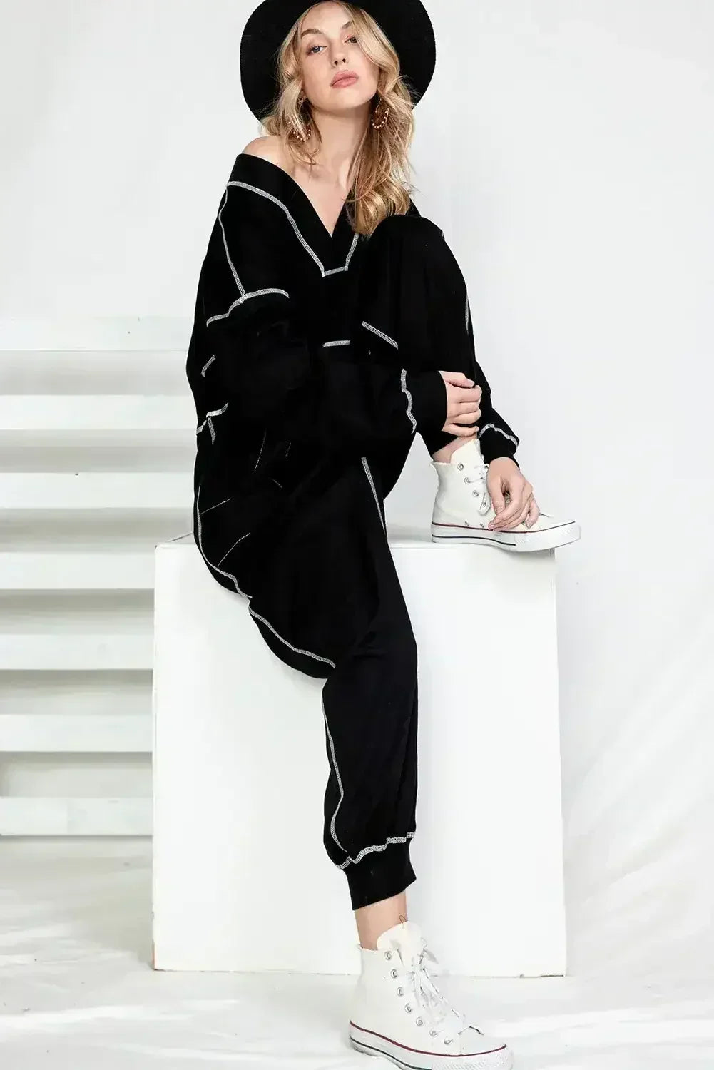 Black Exposed Seam Oversized Drop Waist Jumpsuit - Femstylo