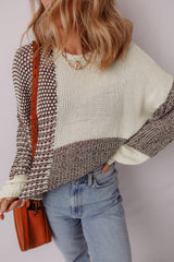 Dark Khaki Colorblock Back Tie Drop Shoulder Loose Sweater