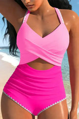 Rose Red Ric Rac Trim Colorblock Cutout One Piece Swimsuit - Femstylo