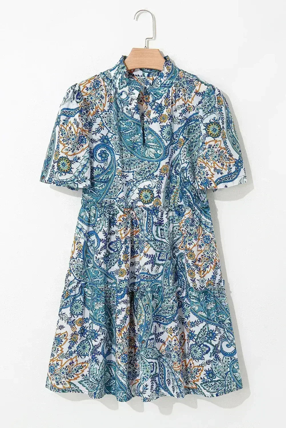 Blue Bohemian Paisley Floral V Neck Puff Sleeve Mini Dress - Femstylo