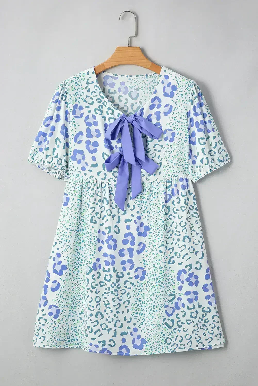 Sky Blue Leopard Bow Front Puff Sleeve Mini Dress - Femstylo