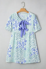 Sky Blue Leopard Bow Front Puff Sleeve Mini Dress - Femstylo