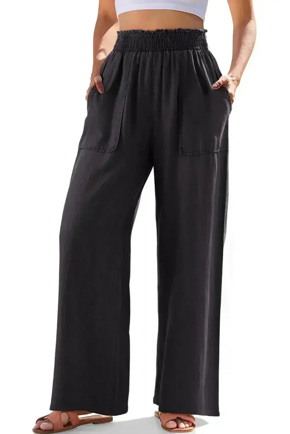 Black Side Pockets Frilled Smocked High Waist Wide Leg Jeans - Femstylo