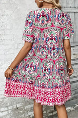 Pink Bohemian Tie Neck Flounce Sleeve Ruffle Hem Mini Dress - Femstylo