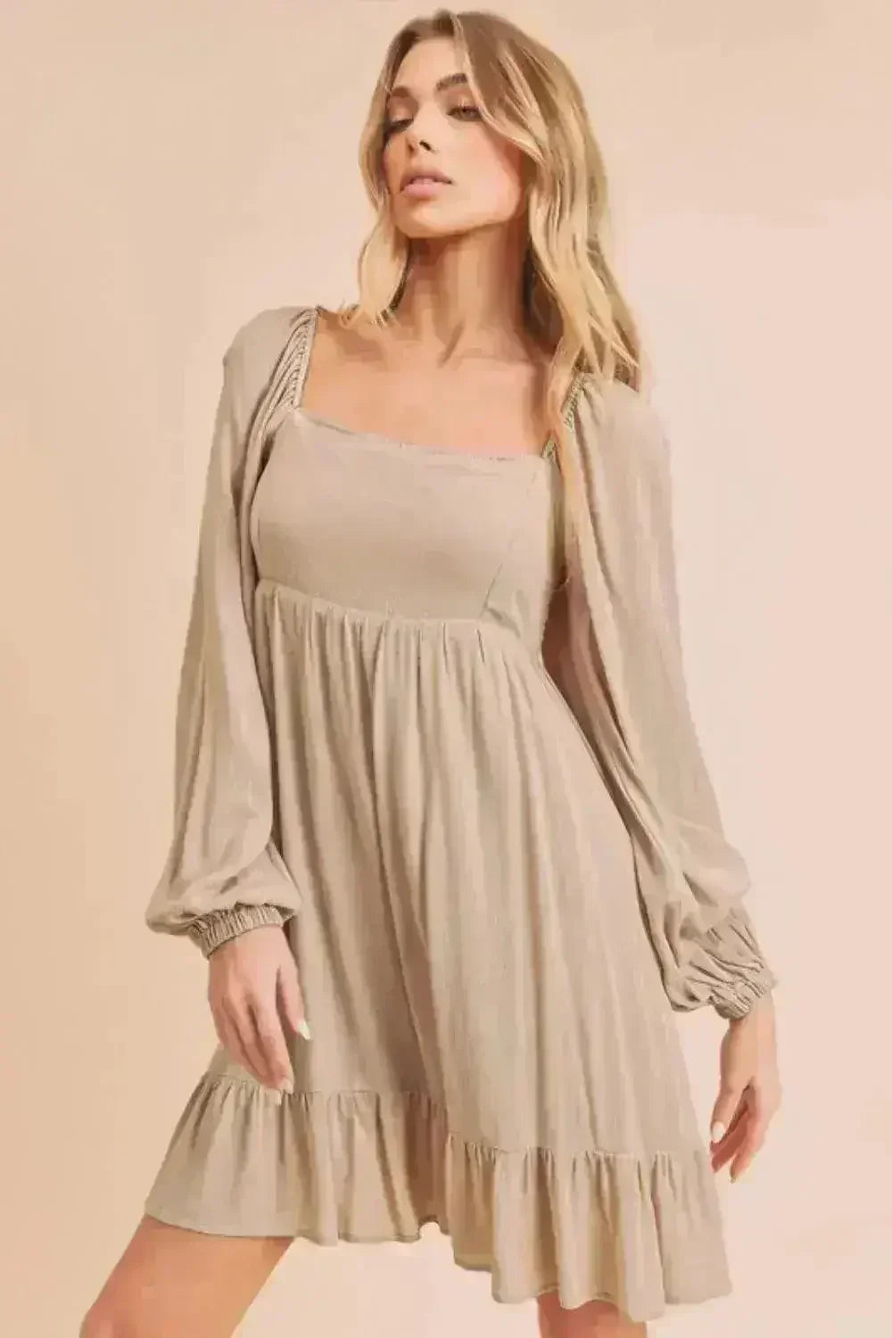 Aemi + Co Ruffled Hem Square Neck Balloon Sleeve Mini Dress - Femstylo
