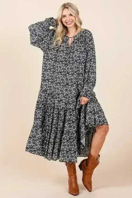Mittoshop Printed Tie Neck Flounce Sleeve Midi Dress - Femstylo