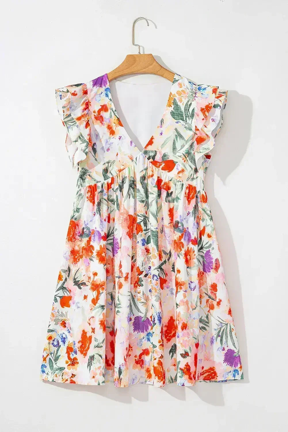 Pink Floral Ruffle Sleeve V Neck High Waist Mini Dress - Femstylo