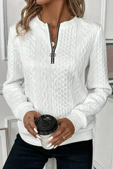 White Casual Zipper Pullover Sweater - Femstylo