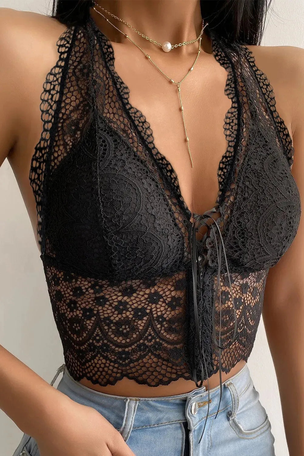 Black Scallop Trim Lace-up Backless Floral Lace Bralette Crop Top - Femstylo