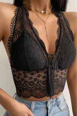 Black Scallop Trim Lace-up Backless Floral Lace Bralette Crop Top - Femstylo