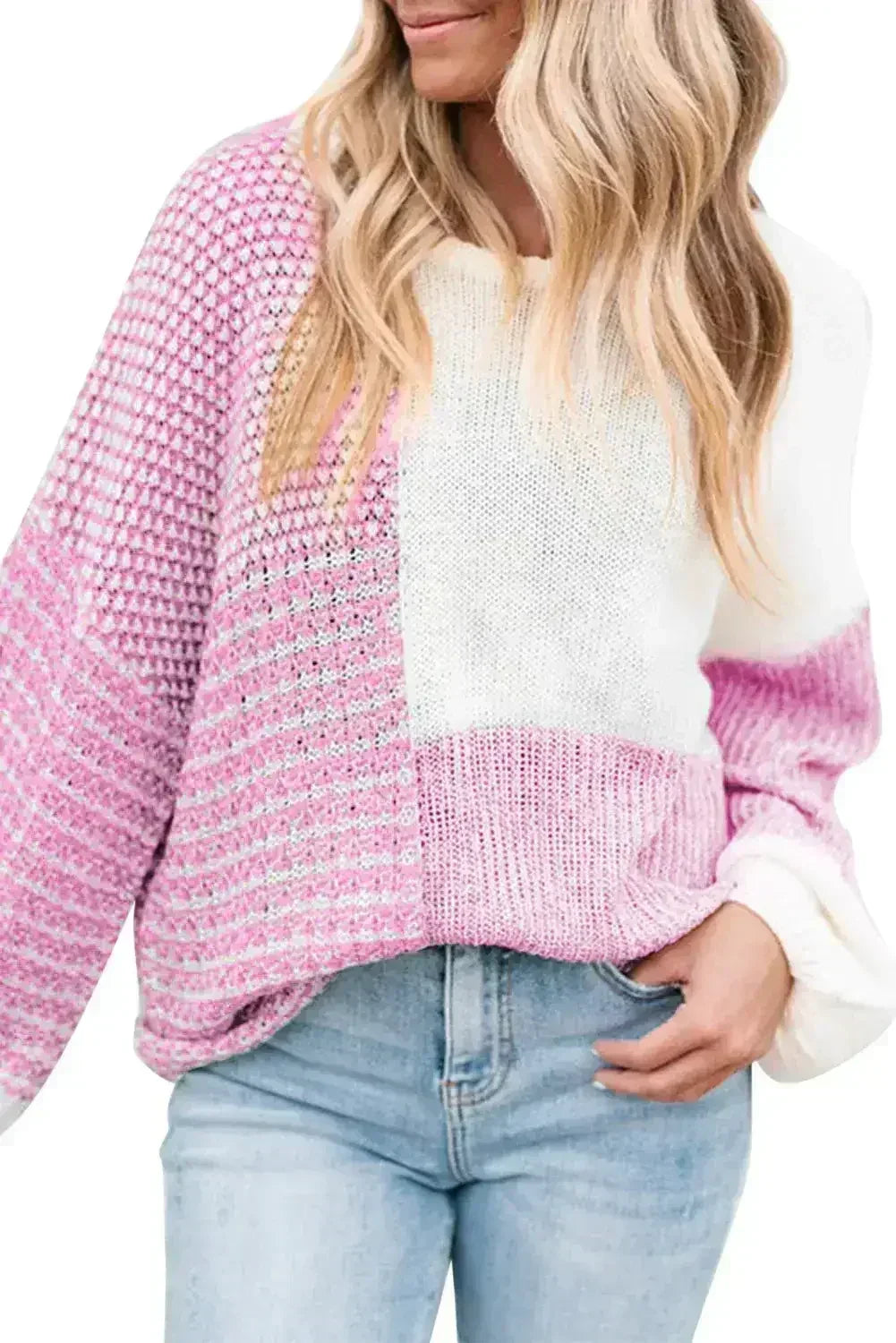 Pink Colorblock Tie Back Drop Shoulder Knit Sweater - Femstylo