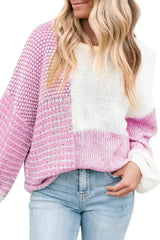 Pink Colorblock Tie Back Drop Shoulder Knit Sweater - Femstylo