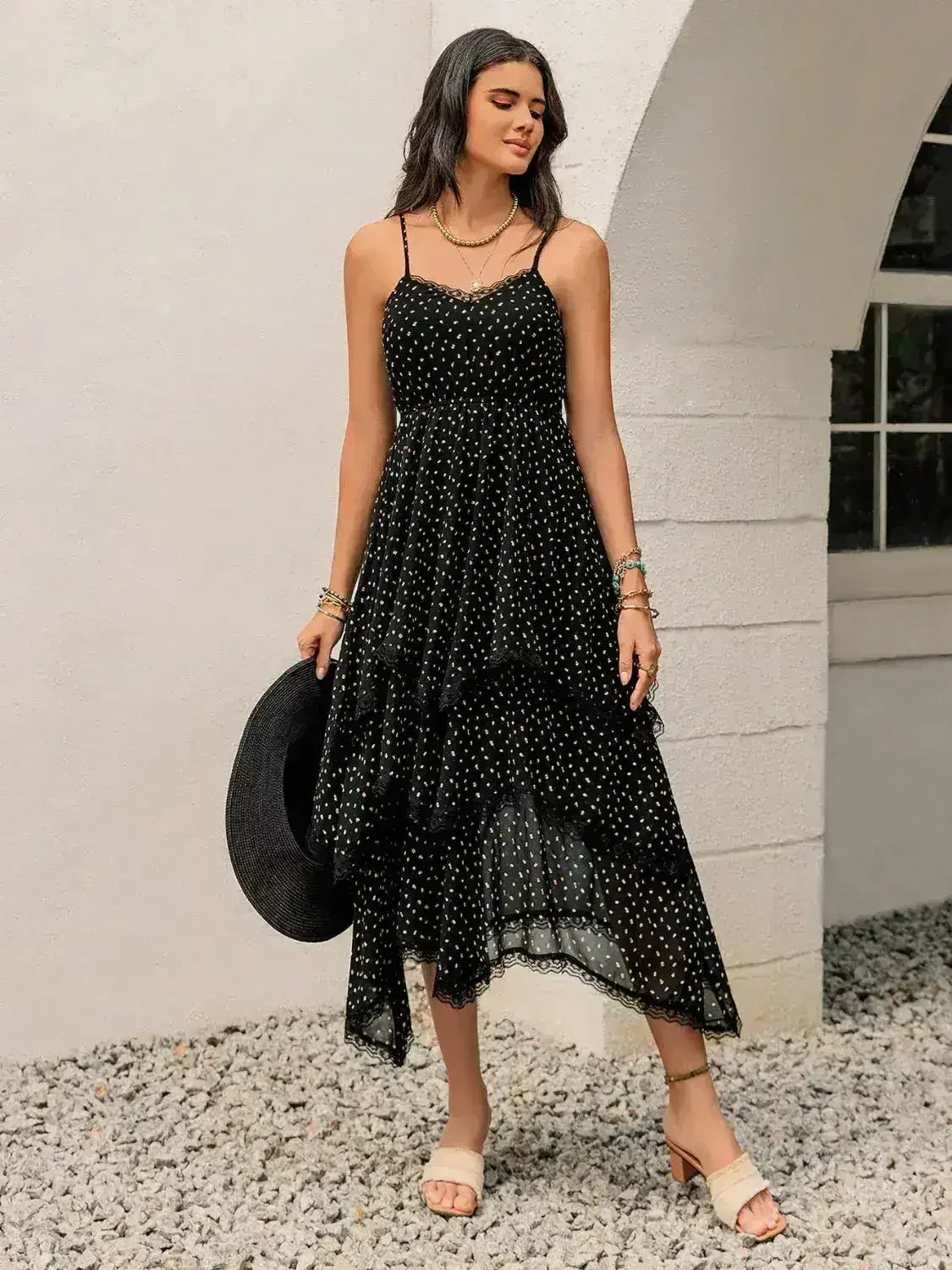 Lace Detail Layered Printed Midi Cami Dress - Femstylo