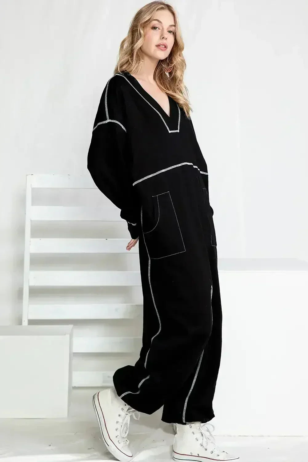 Black Exposed Seam Oversized Drop Waist Jumpsuit - Femstylo
