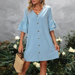 V-Neck Mini Dress – Ruffled Detail & Decorative Buttons