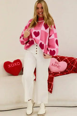 Pink Love Heart Checkered Valentine Knit Sweater - Femstylo