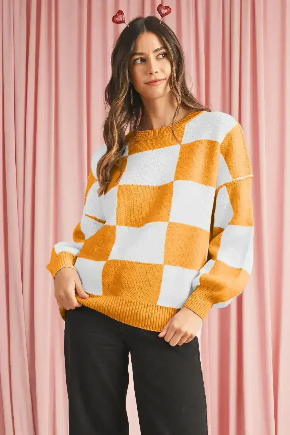 Green Checkered Bishop Sleeve Pullover Sweater - Femstylo