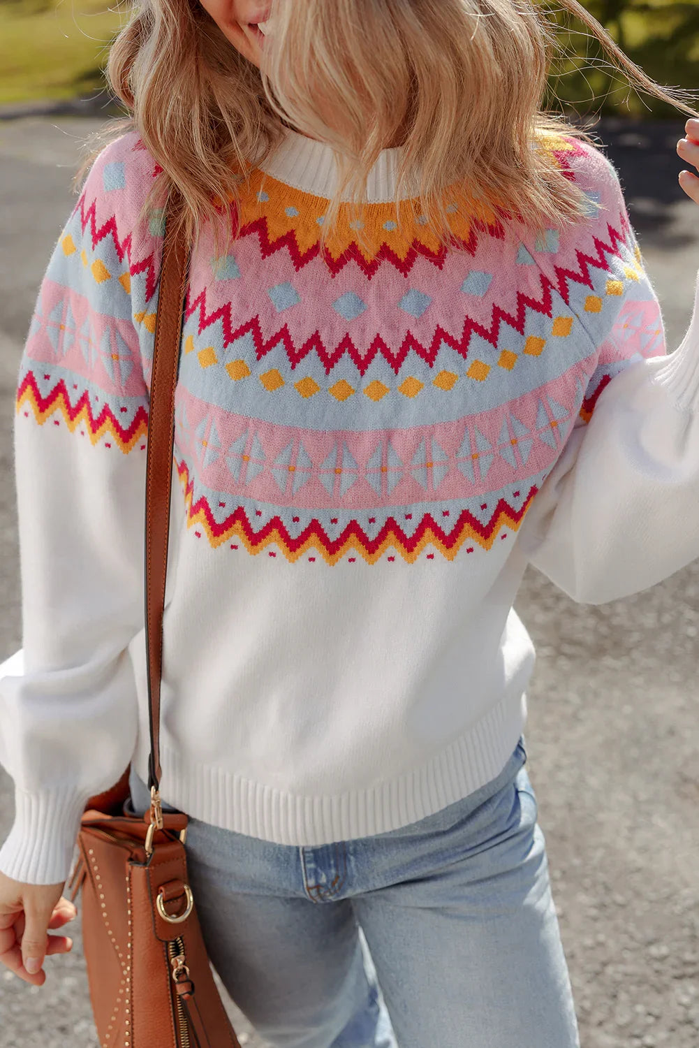 White Ethnic Geometric Colorblock Pattern Drop Shoulder Sweater