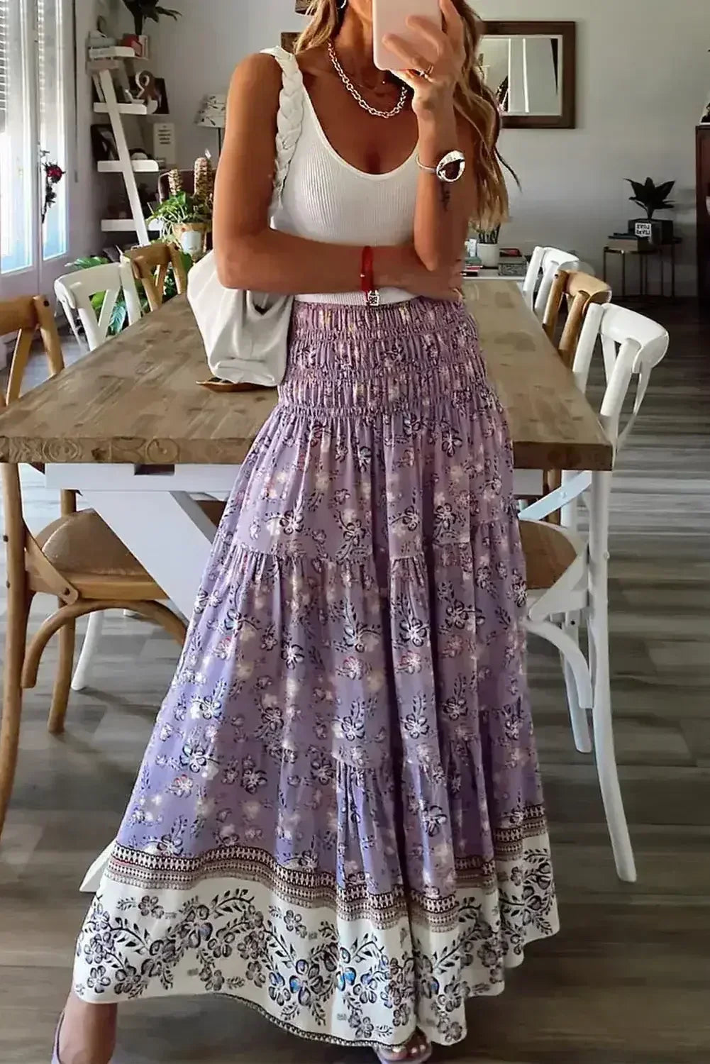Purple Floral Print Shirred High Waist Maxi Skirt - Femstylo