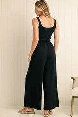 Black Solid Color Cutout Wide Leg Jumpsuit - Femstylo