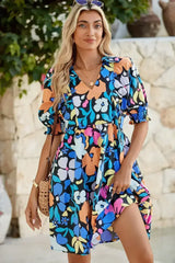 Blue Floral Print Collared Split V Neck Flared Mini Dress - Femstylo